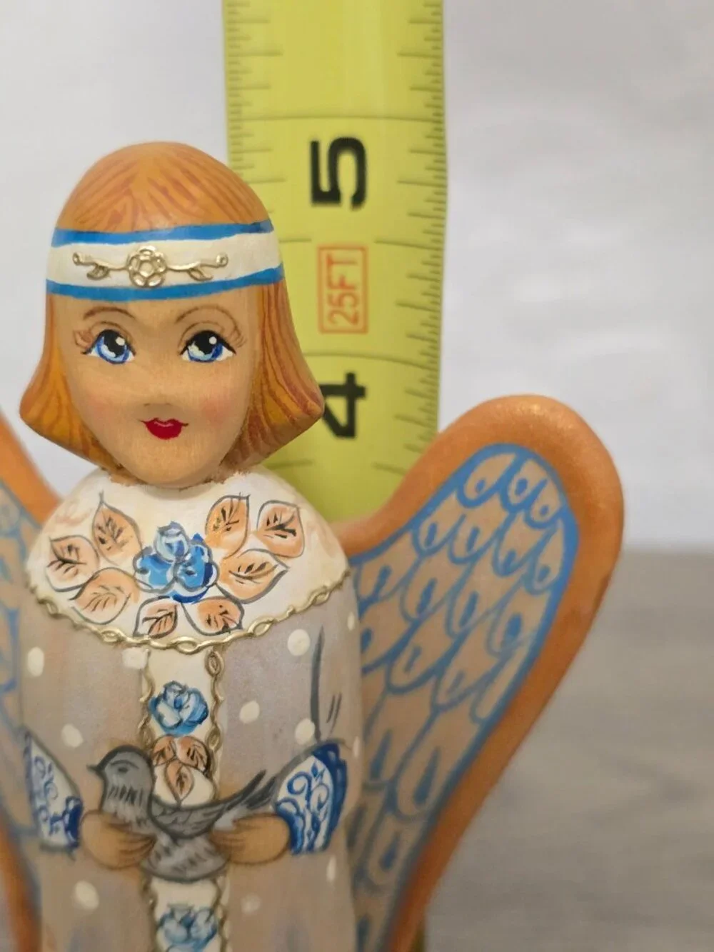 Russian Hand Painted Wooden Angel Blue and Gold Floral Folk Art Signed 5